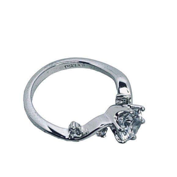 Dainty Silver Tone And Clear Rhinestone Engagement Ring Signed GR Thiland (R373) - Picture 4 of 6